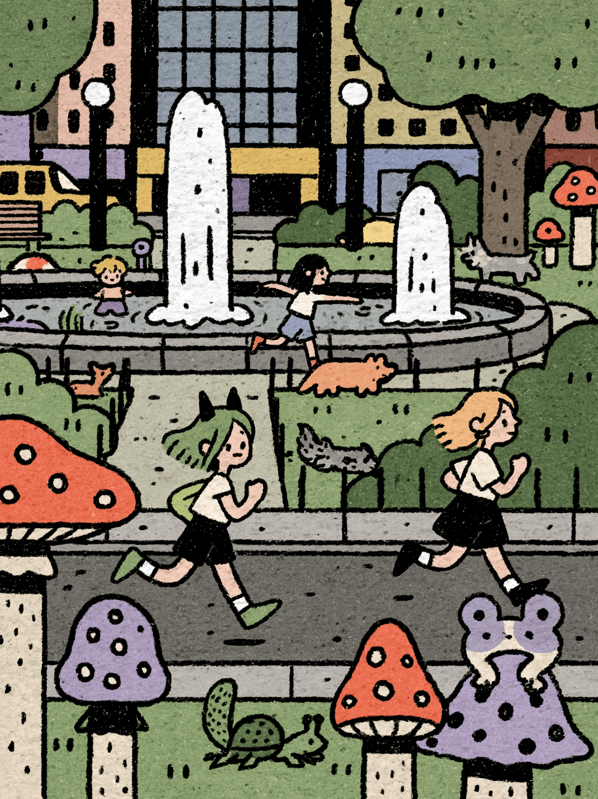 Two woman running on the street near the park. Lots of giant
