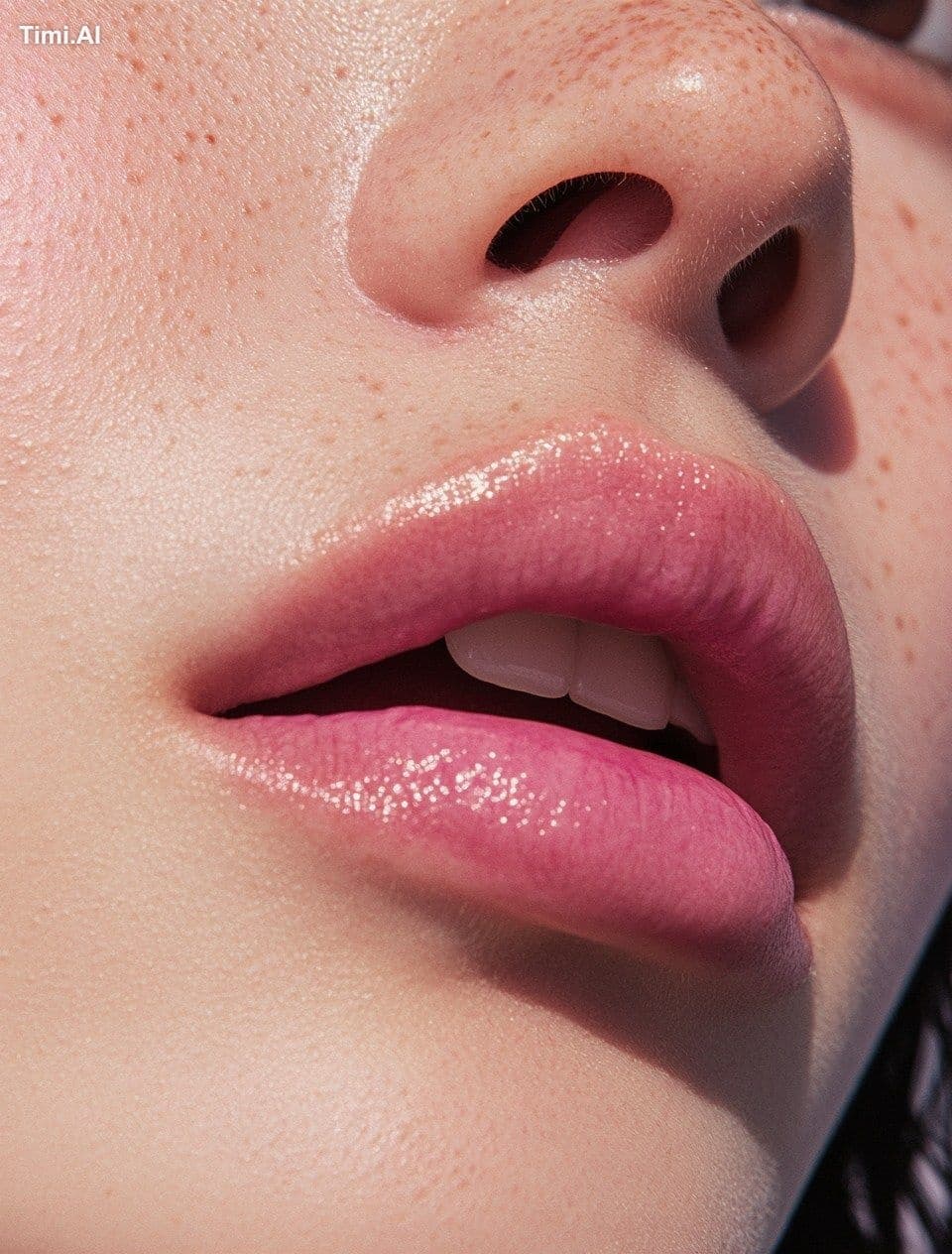 A close-up of the lips and nose, showcasing an extremely bea