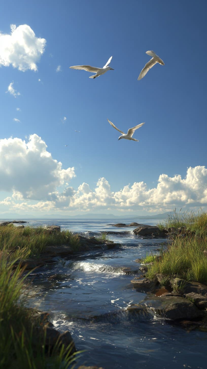 3D animation, realistic, blue sky, three birds flying freely