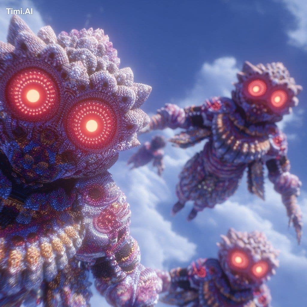 Three alien creatures with red eyes floating in the sky, loo