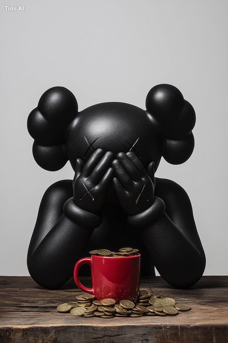 Black KAWS figire covering his face with both hands with elb