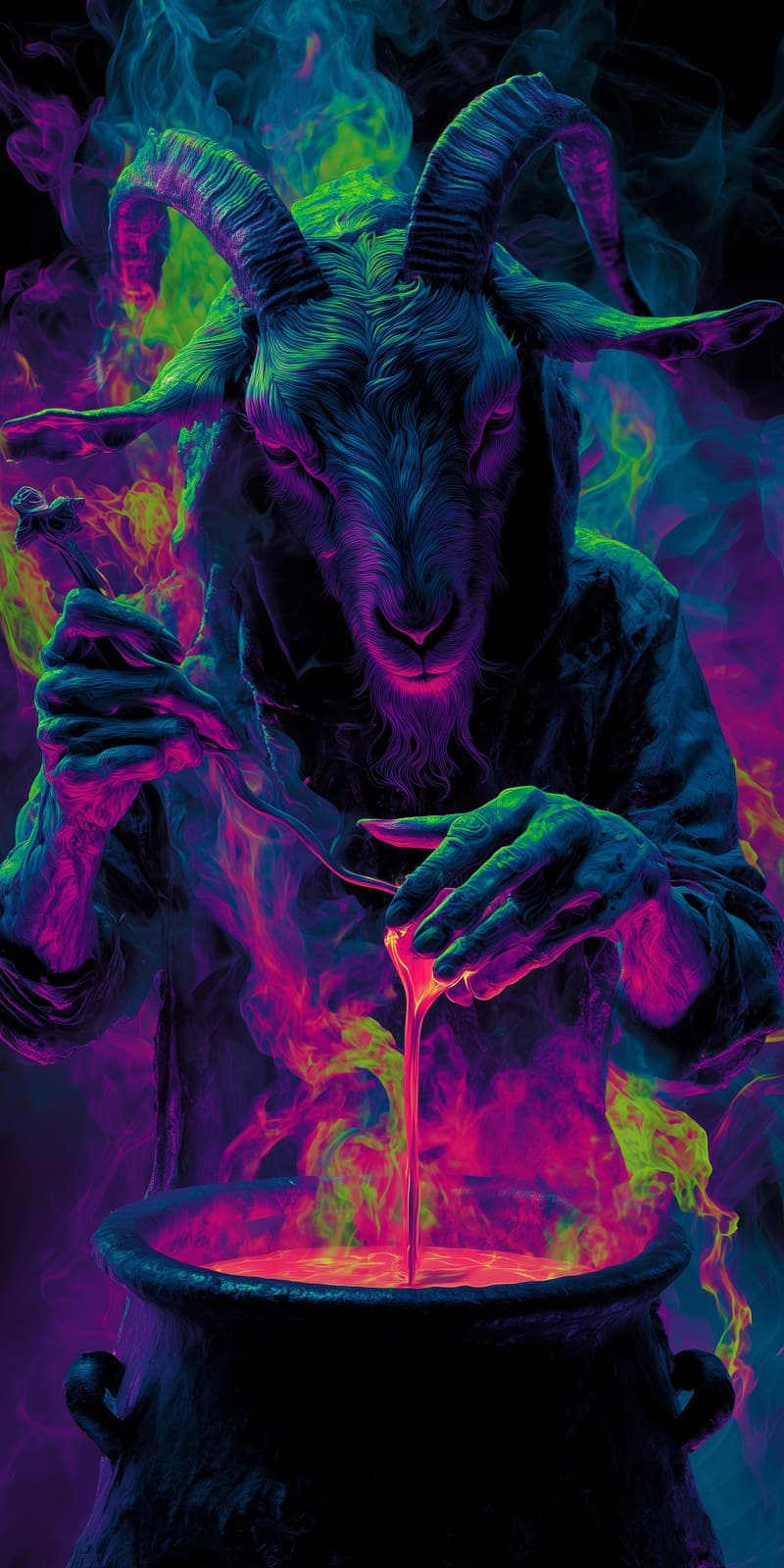 Evil Anthropomorphic goat conjuring over a boiling cauldron,