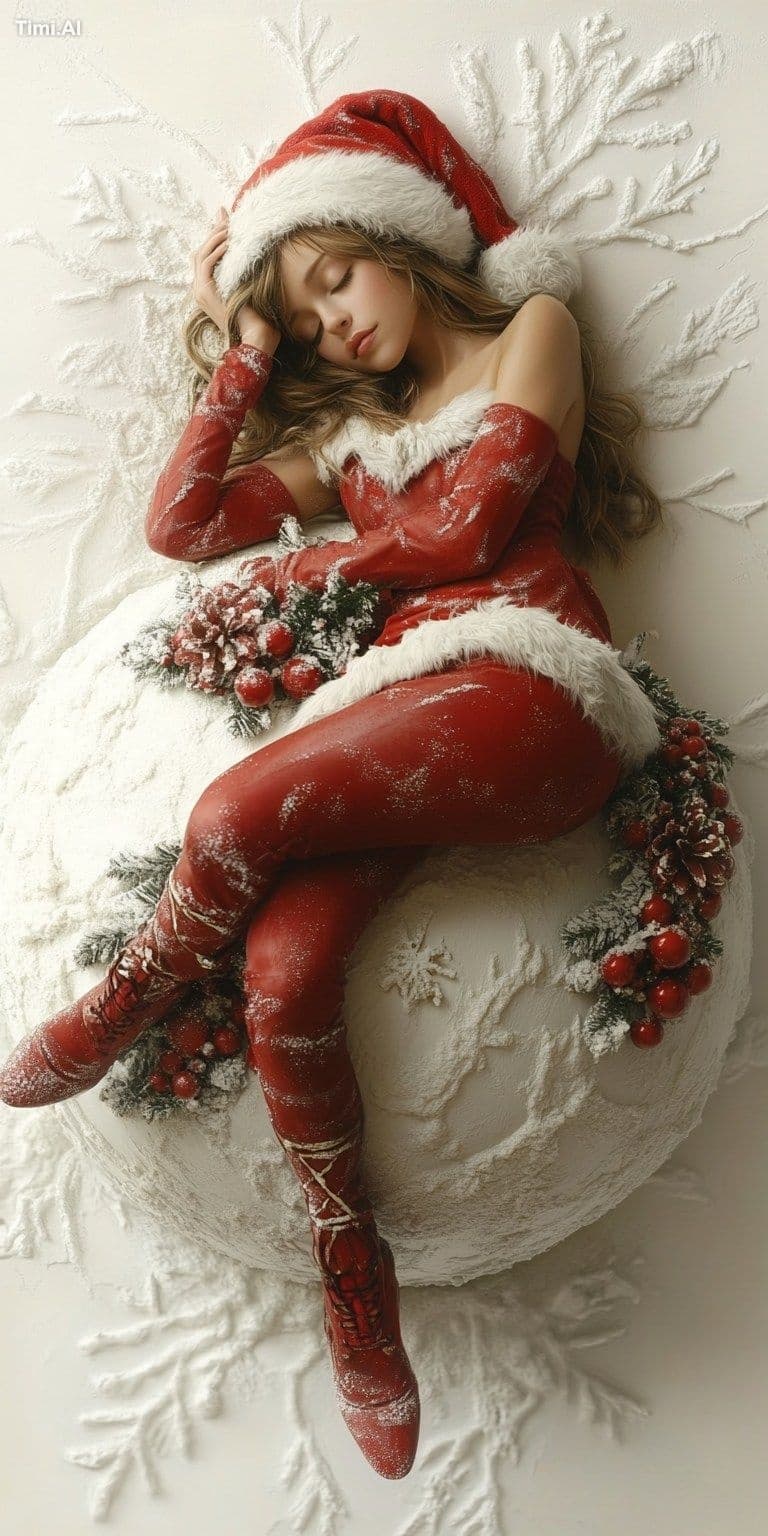 A beautiful fairy in a Santa costume and Santa hat lying on 