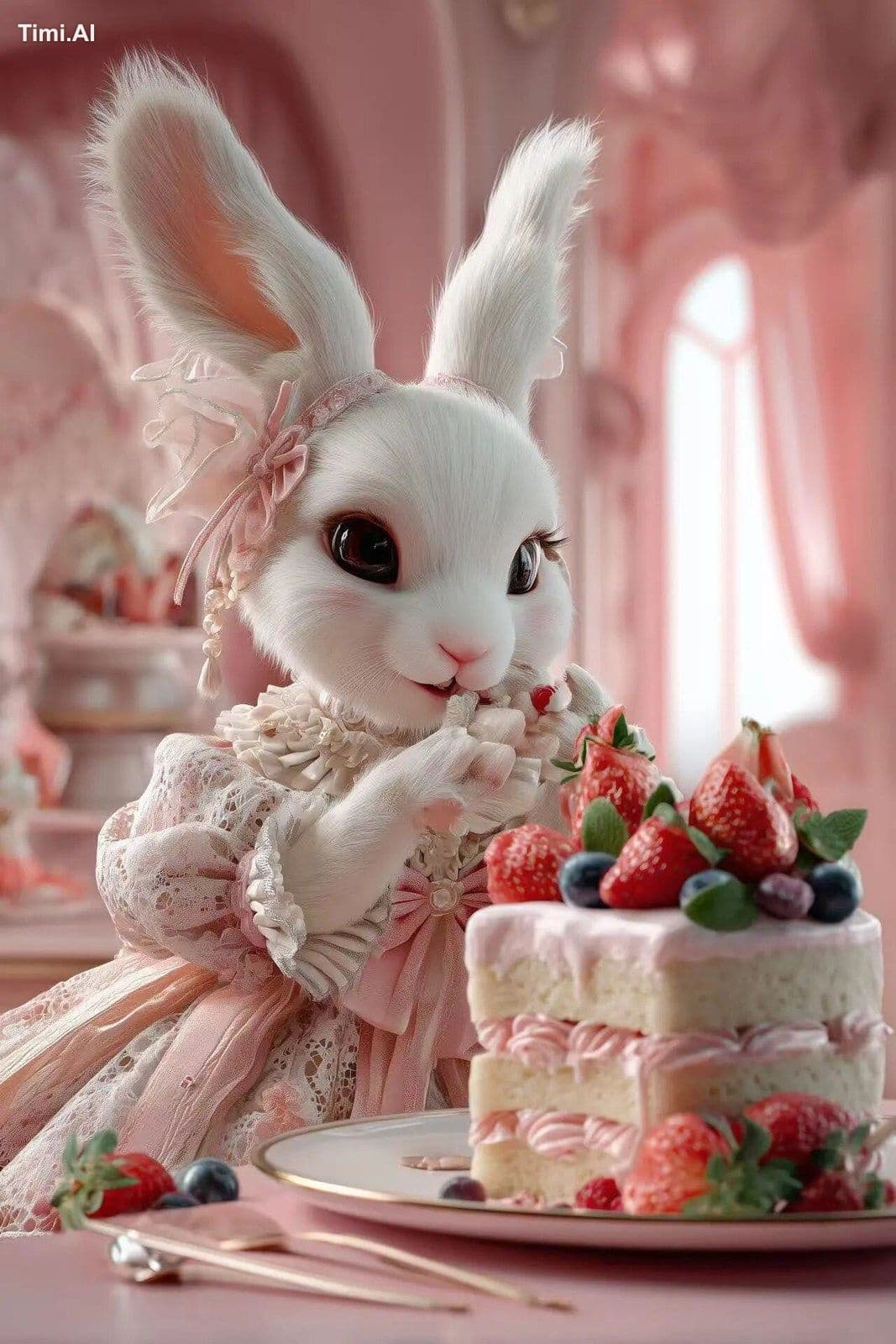 A realistic anthropomorphic bunny, human-sized, with soft wh