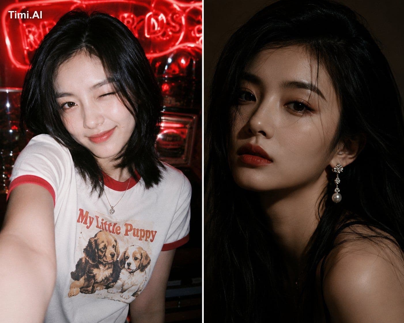 A 2-panel photo collage featuring the same East Asian woman,