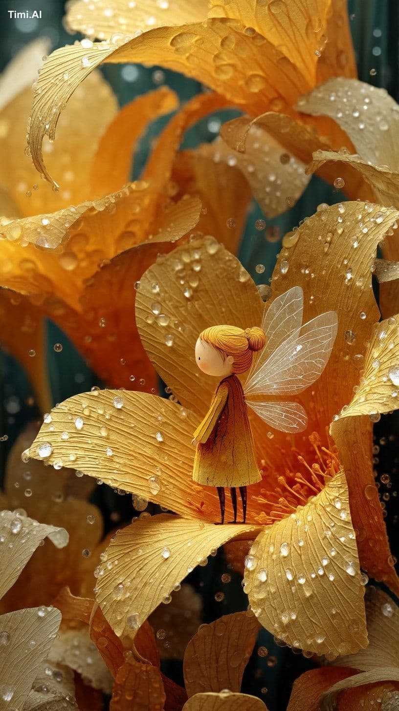 A tiny golden fairy with translucent wings resting inside a