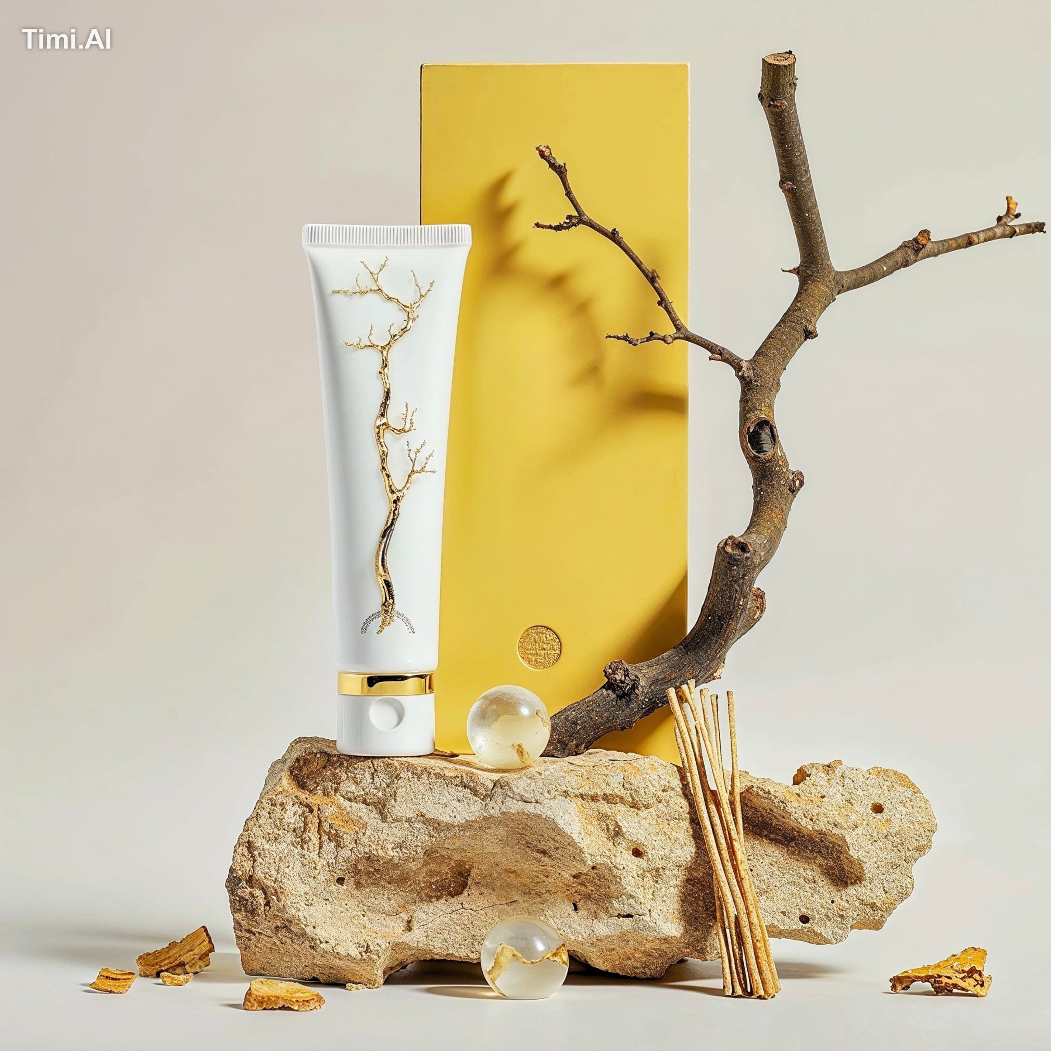 Cosmetic tube with a white cap and golden tree branch design