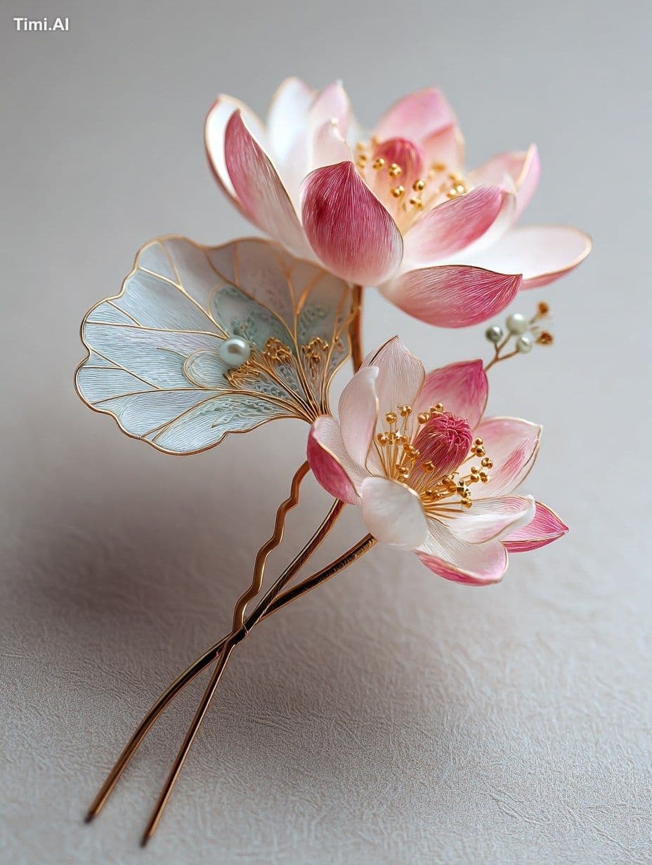 pink and white gradient lotus flowers on a fan-shaped hair p