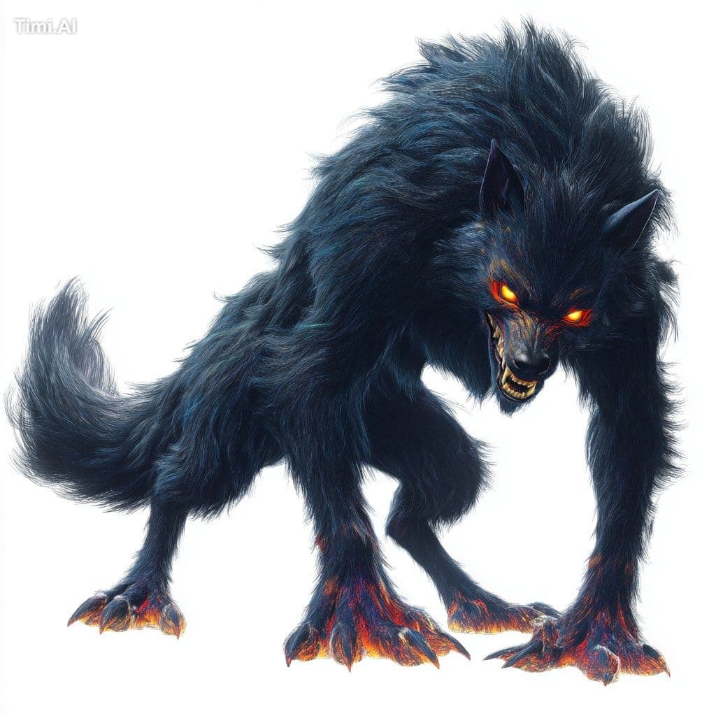 werewolf viscious multi-coloured red and gold eyes black fur