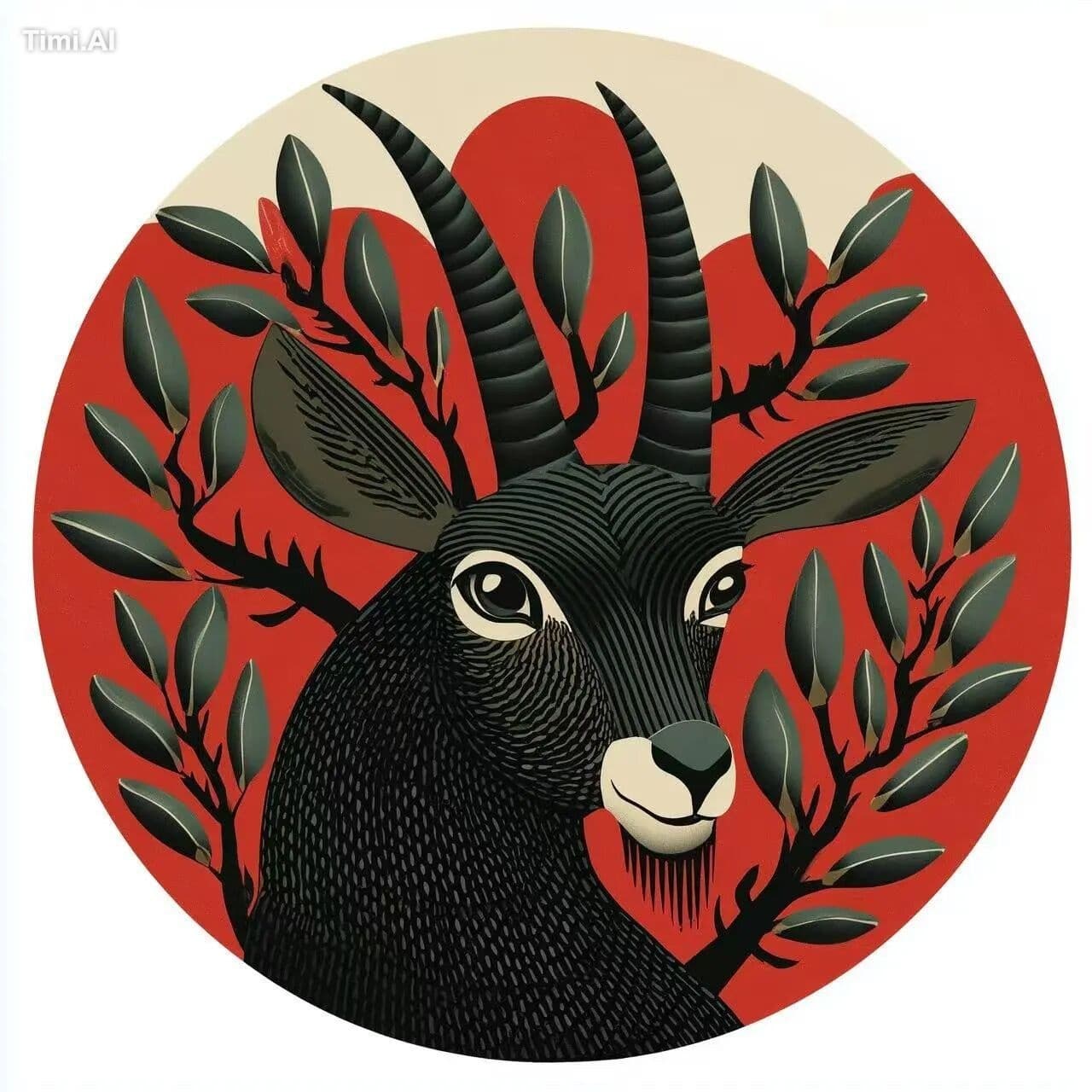 serow horns turning into branches of a tree round icon Scand