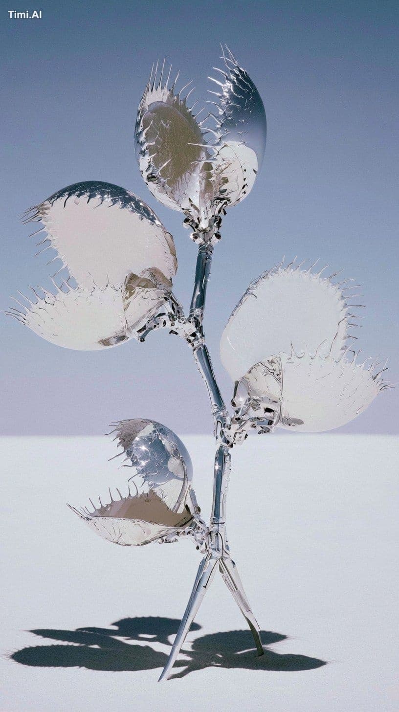 chrome venus flytrap sculpture, cluster of metallic carnivor