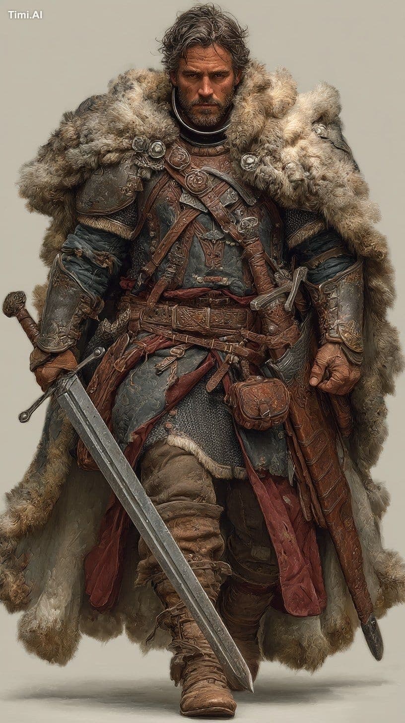 a confident, broad-shouldered human ranger-warrior with a de