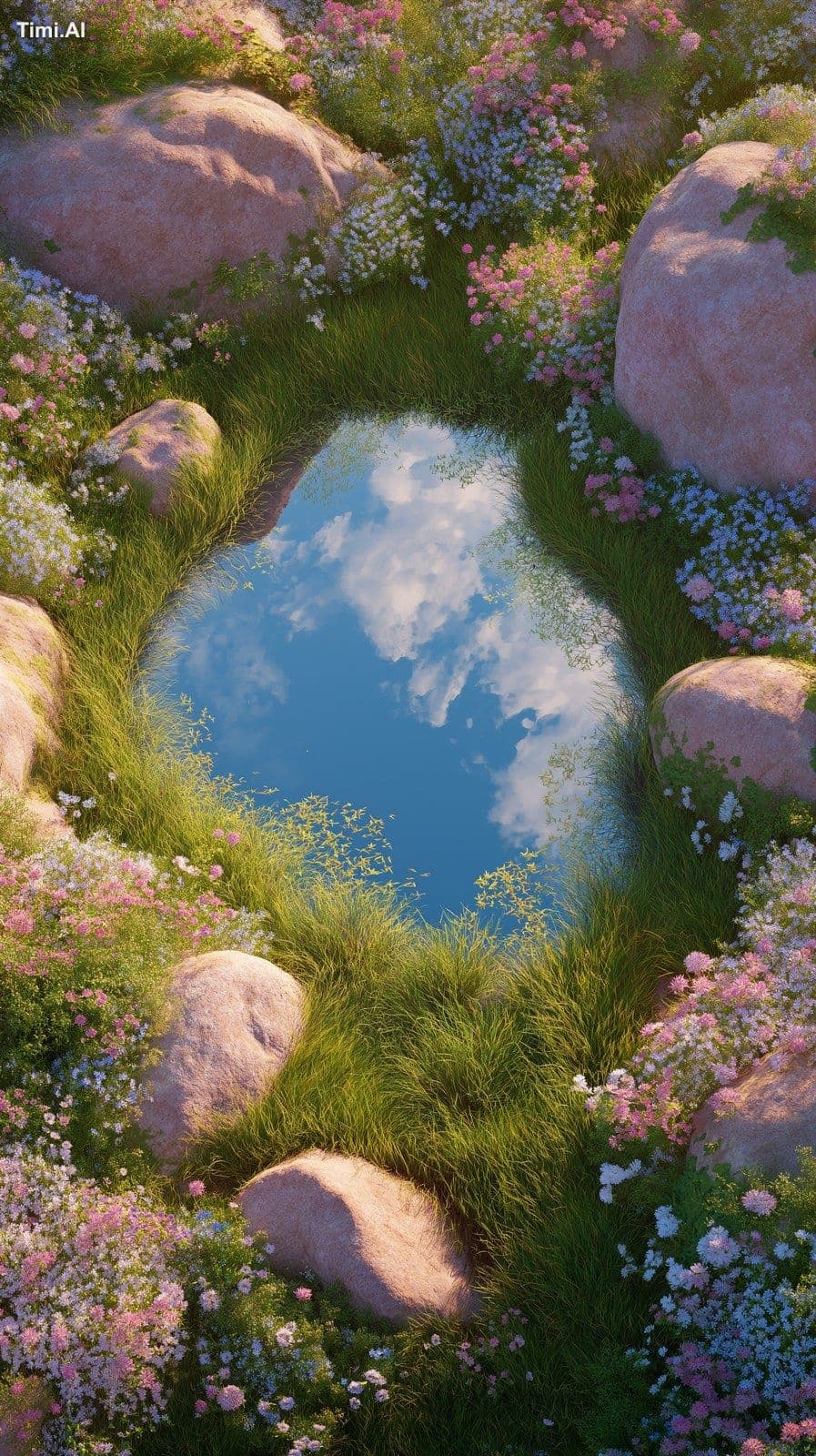 top view of a small dreamy pond reflecting the blue sky, sur