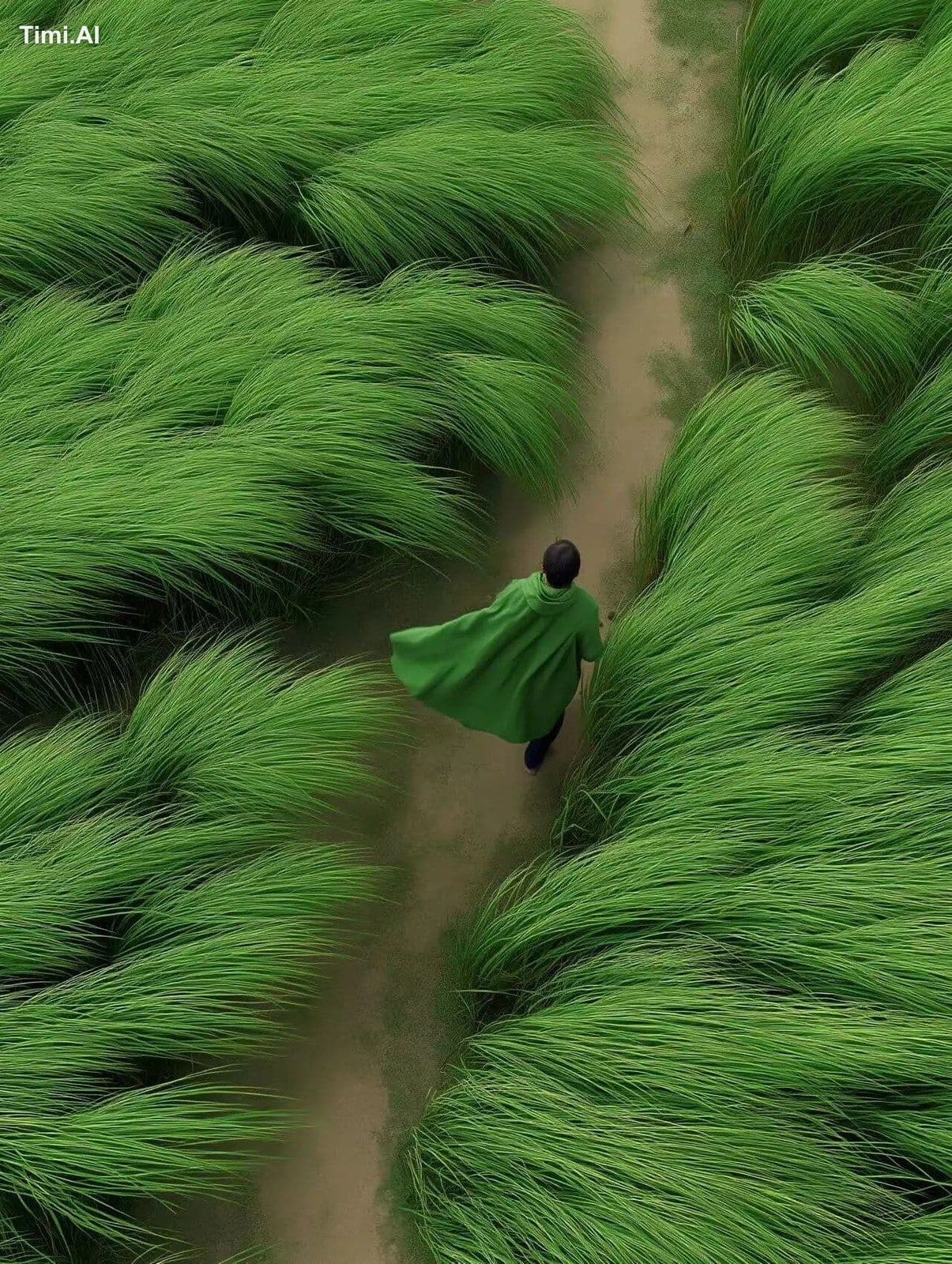 cinematic aerial photo of a man walking along a narrow path 