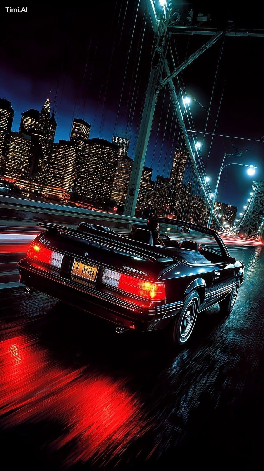 A black convertible car, driving on the New York City Bridge