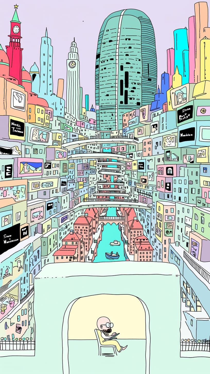 Vertical 9:16 illustration. Create a dense retro-futuristic