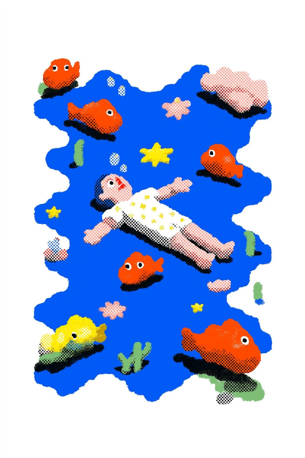 flat graphic illustration of a floating human figure underwa