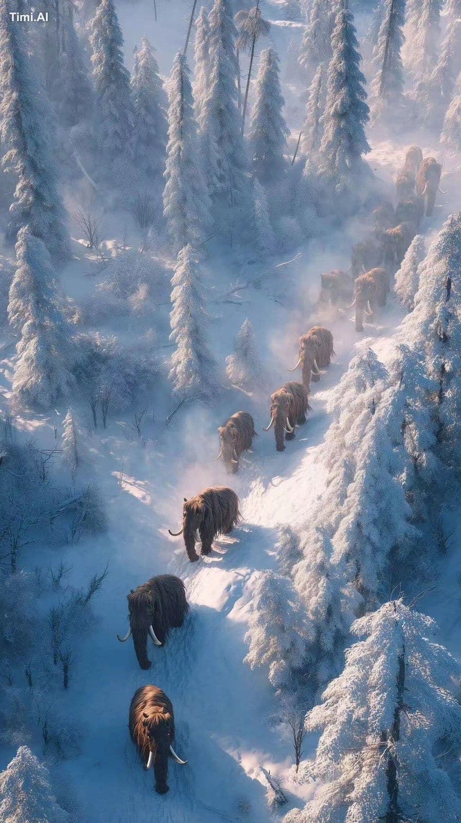 Photorealistic aerial view of a herd of woolly mammoths walk
