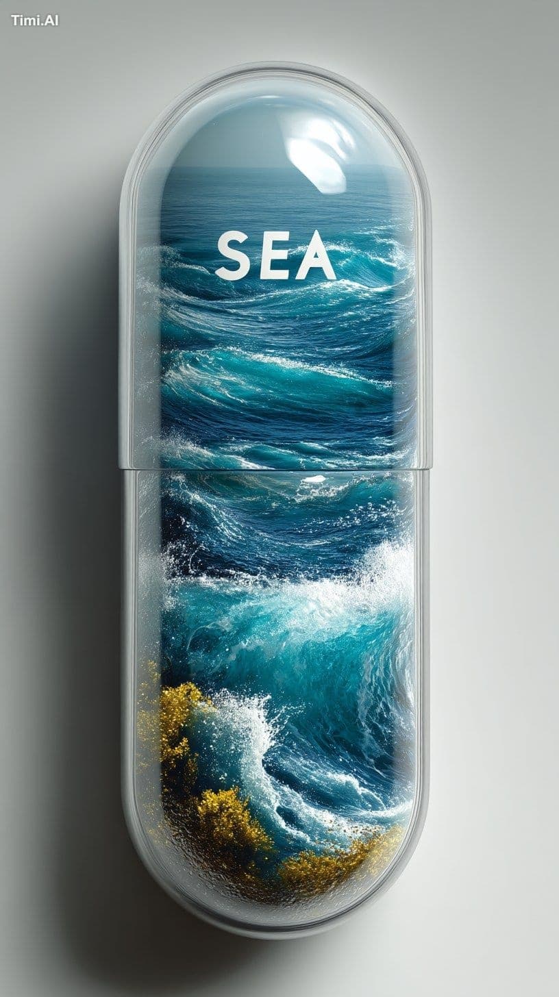 Vitamin C capsule design with ocean waves and text "SEA" ins