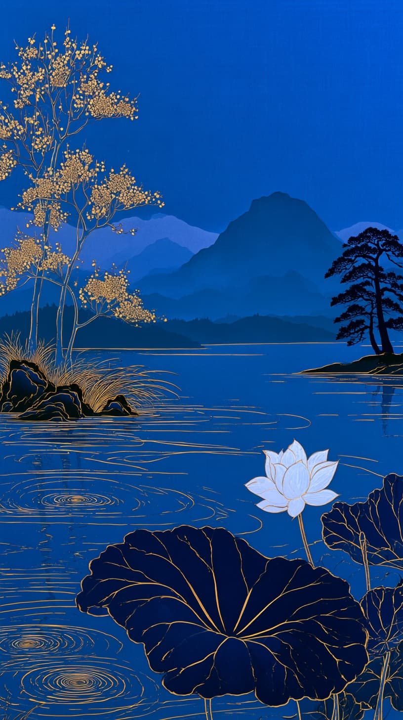 a serene landscape featuring a lake with mountains in the ba
