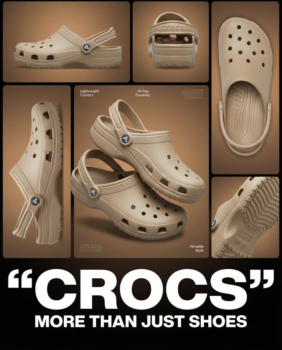 Multi-image product collage poster featuring beige/tan Crocs
