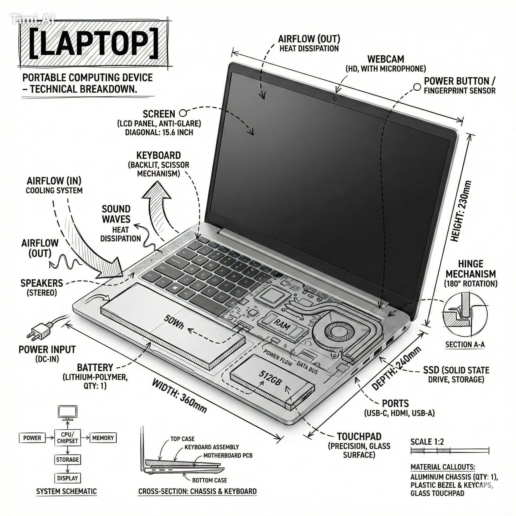 Create an infographic image of laptop ,combining a realistic
