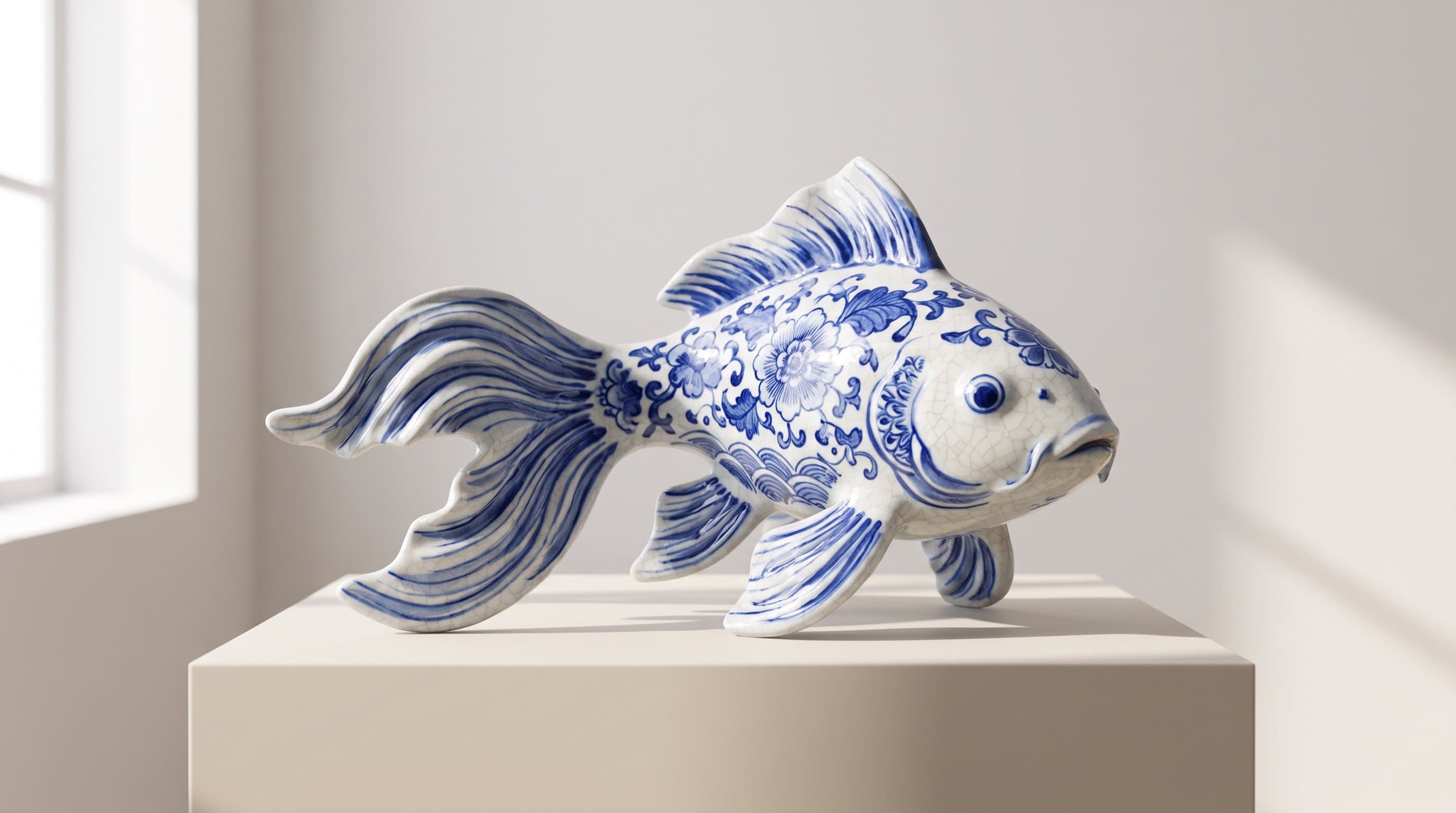 A porcelain [subject] with delicate blue floral patterns, gl