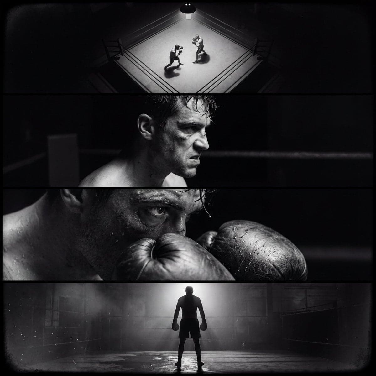 Create a single film noir–style cinematic image divided into