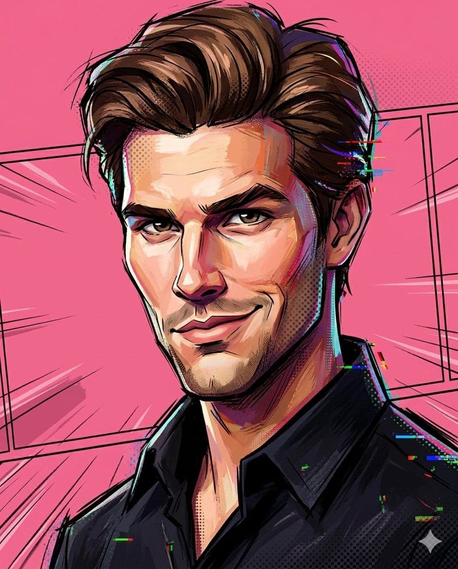 A painterly exaggerated cartoon portrait combining sculpted