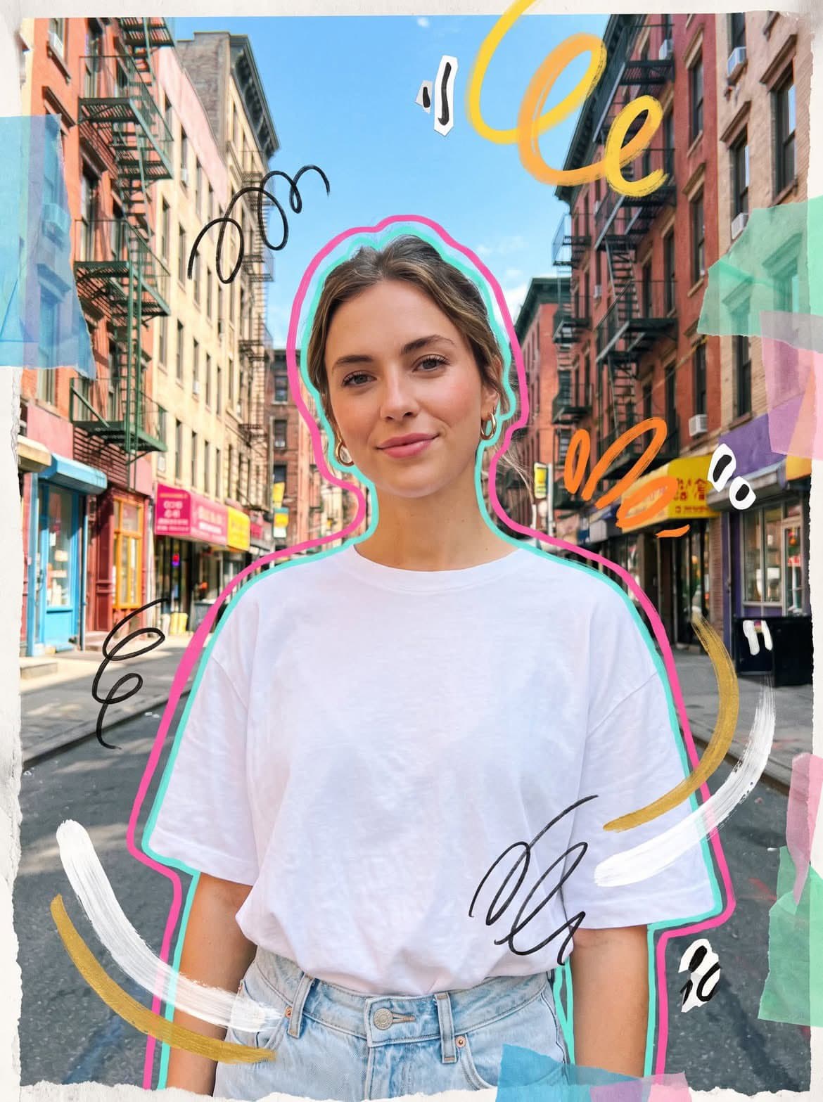 Photorealistic mixed media collage street portrait of a youn