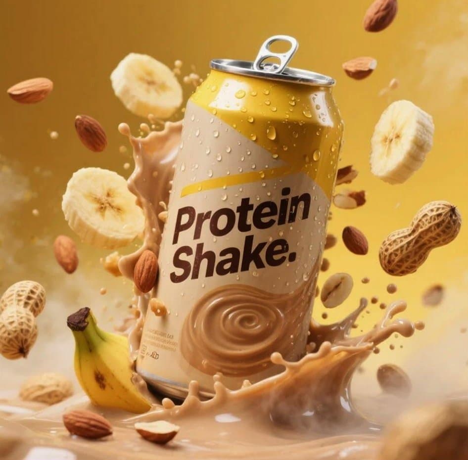 Hyper-realistic product advertisement of a protein shake can