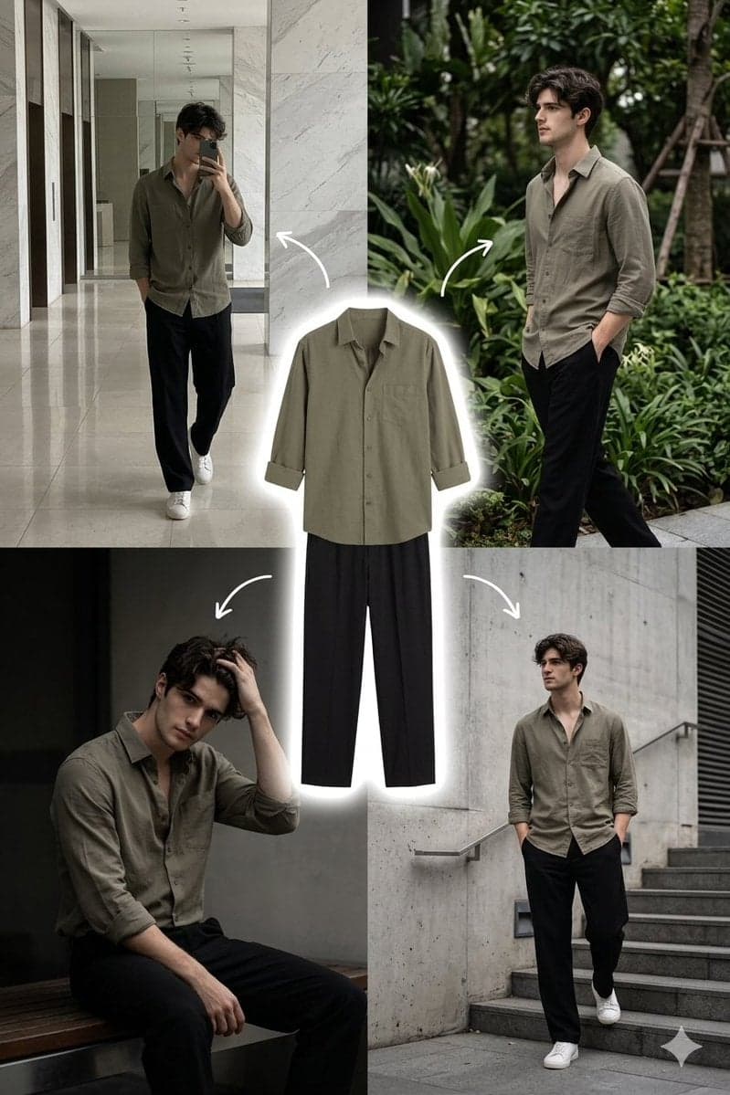 A stylish young man with medium-length wavy dark hair and a 