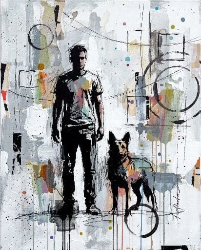 Contemporary mixed-media urban painting of [Human Name], wea