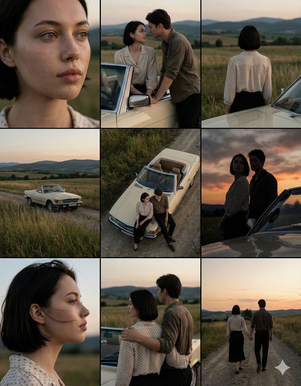 A cinematic 3×3 grid of film-still frames featuring the same