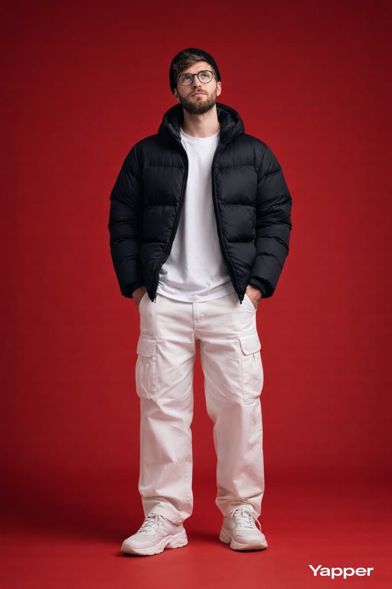 Ultra-realistic full-body studio fashion portrait of a styli