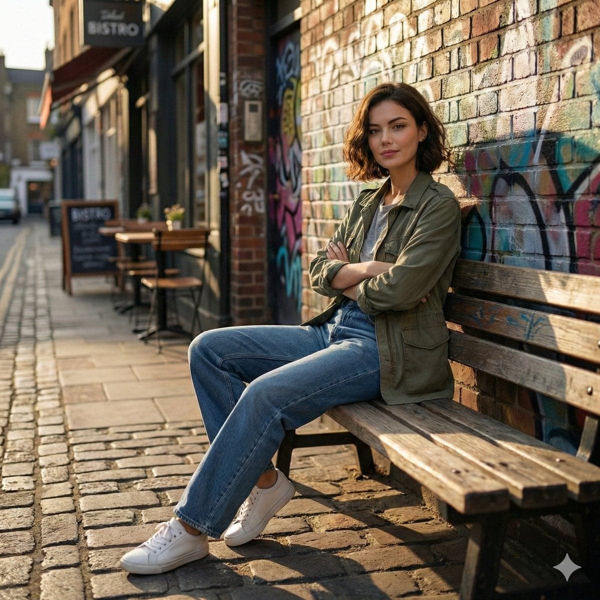 Cinematic realistic street scene, beautiful young woman with