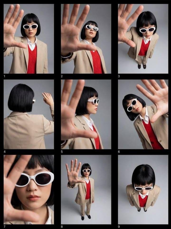 Editorial fashion contact sheet of a modern woman with a sha