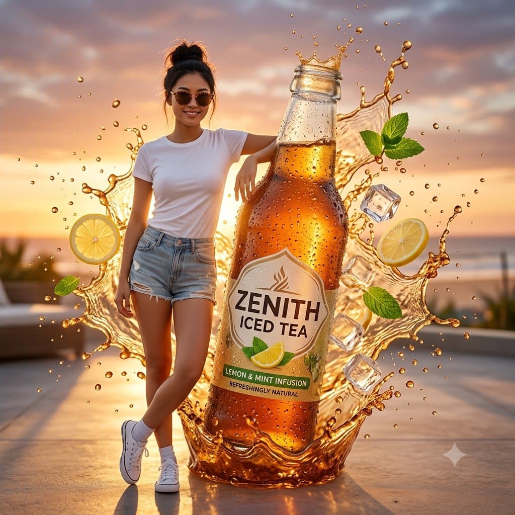 Create a premium commercial beverage advertisement featuring