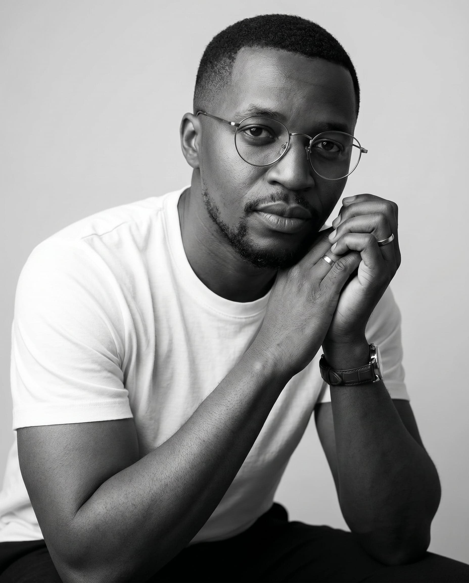 high-end black and white indoor studio portrait of the same 