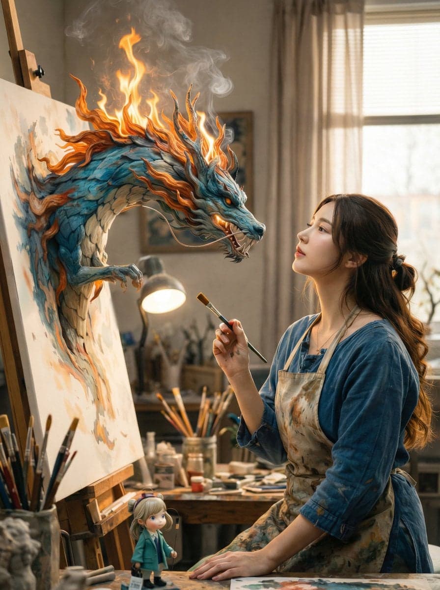 A cinematic fantasy scene inside a cozy artist’s studio. A y