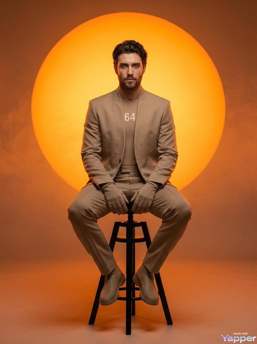 A man with short curly hair and light facial hair sitting on