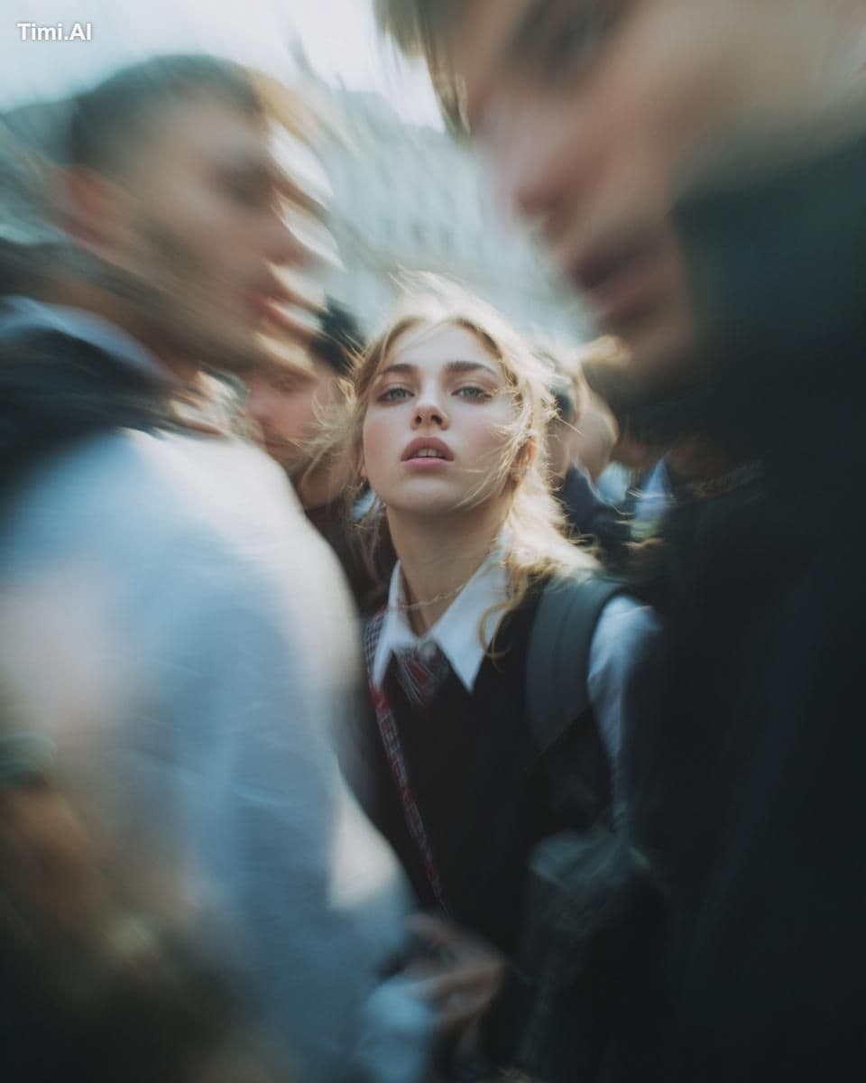 Paparazzi-style extreme close-up photo of a woman with strik