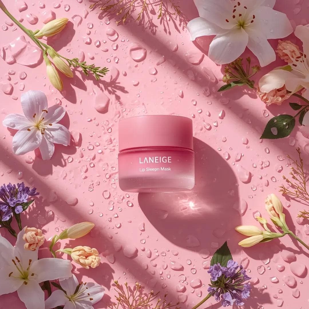 A hyper-realistic beauty product photograph of a pink [LANEI
