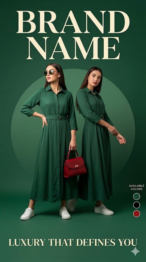 Luxury fashion advertisement poster, deep green background w