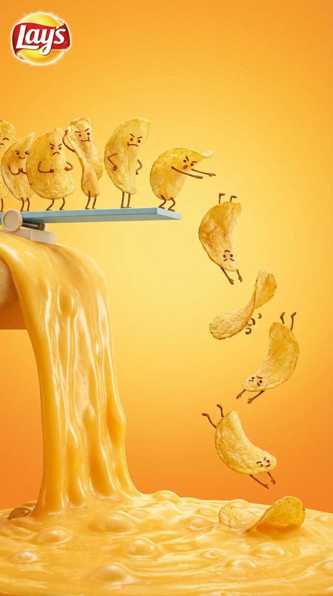 Vertical snack advertising visual with playful anthropomorph