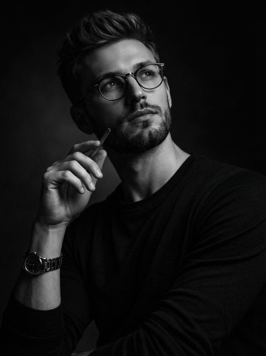 A dramatic black and white studio portrait of a thoughtful m