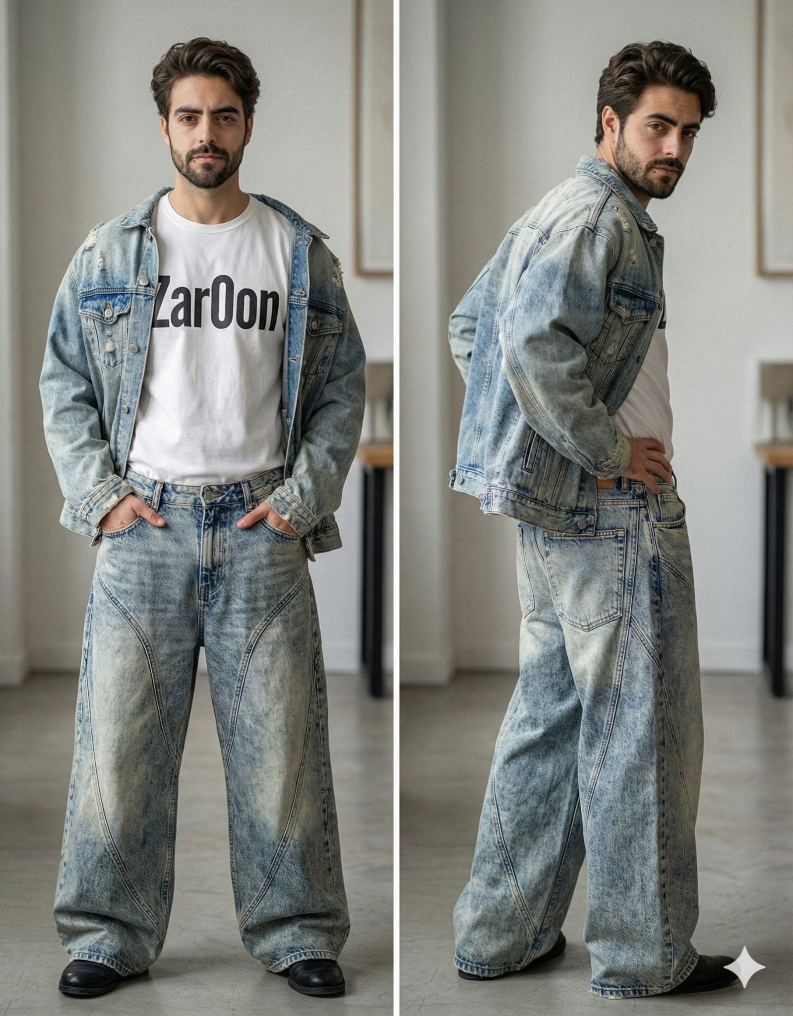 Beard. Makeup is minimal and natural, emphasizing clear skin