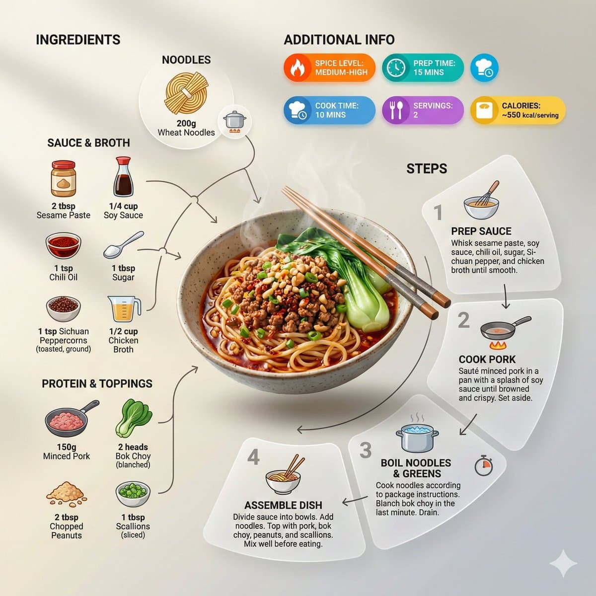 Ultra-clean modern recipe infographic. Showcase Noodles in a