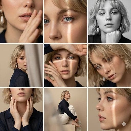 Editorial 3x3 photo grid in a clean soft beige studio. Chara
