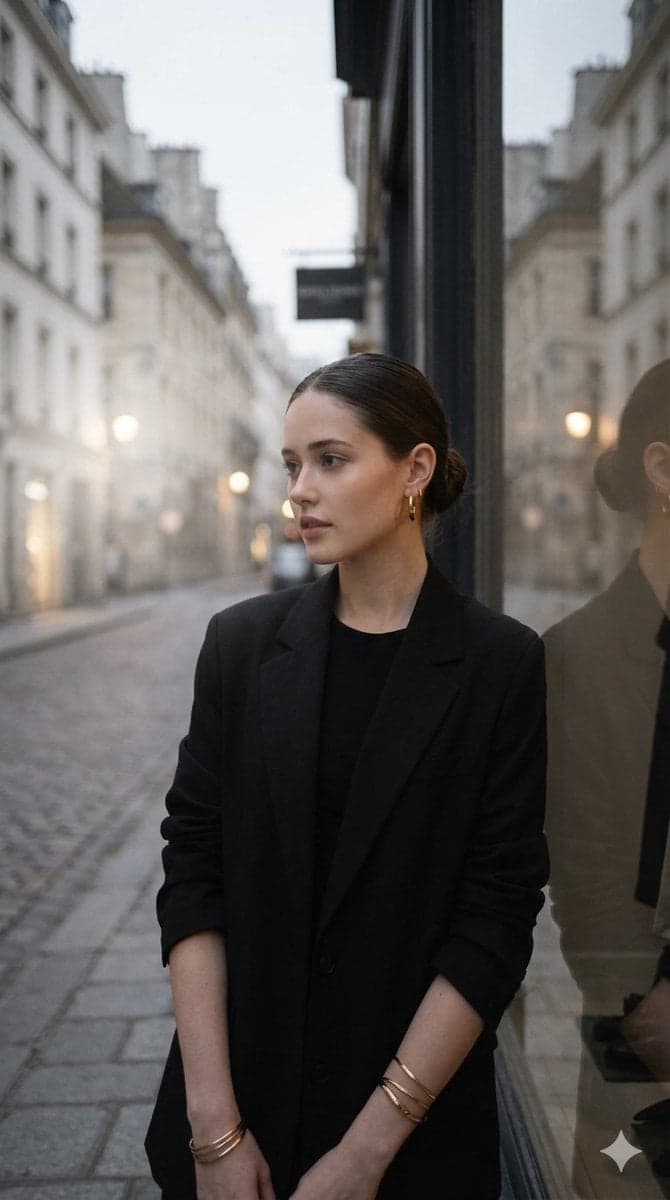 Elegant woman with dark hair in a sleek bun, wearing a struc